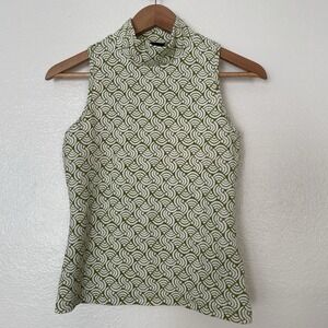 Anthropologie Maeve Ivory & Green Sleeveless Structured Mock Neck Top Size XS